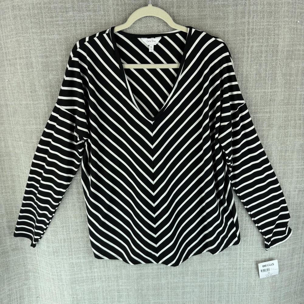 Coral Bay Blouse Womens XL Black Striped Tunic V-Neck Dolman Sleeve Relaxed